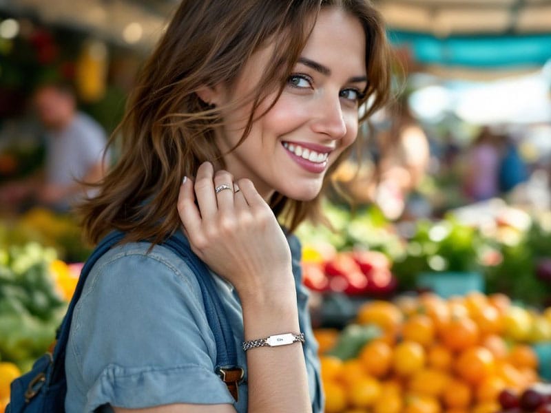 A woman with shoulder-length brown hair smiles at an outdoor market, with fruits and vegetables in the blurred background.