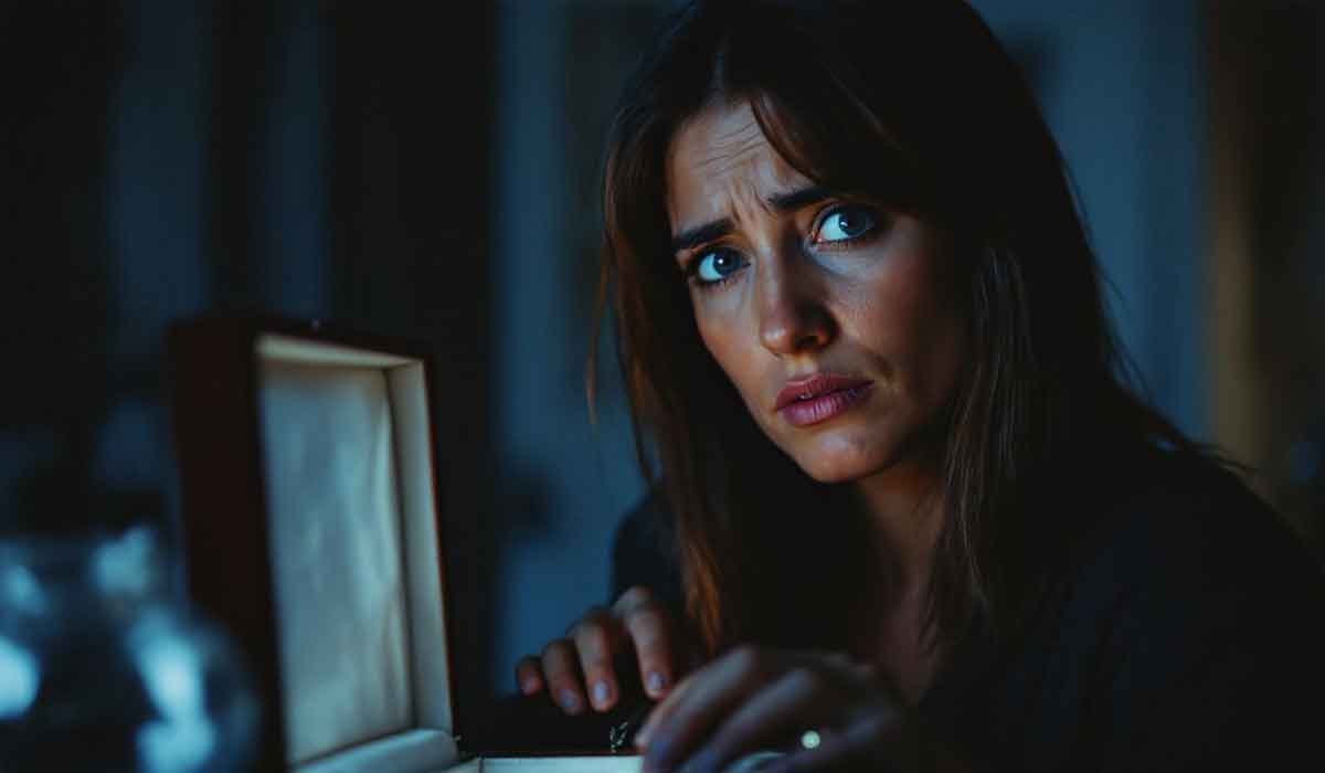 A woman with long hair looks concerned while opening a wooden box in a dimly lit room.