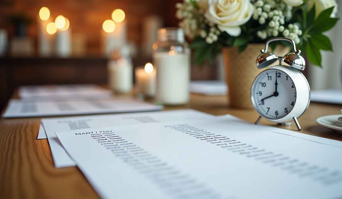 A close-up of a table with printed name lists, a silver alarm clock, candles, and a bouquet of white flowers in the background.