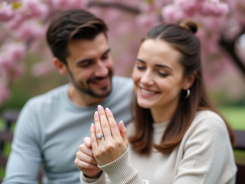 A woman shows an engagement ring on her finger while smiling, sitting beside a man outdoors with pink blossoming trees in the background.