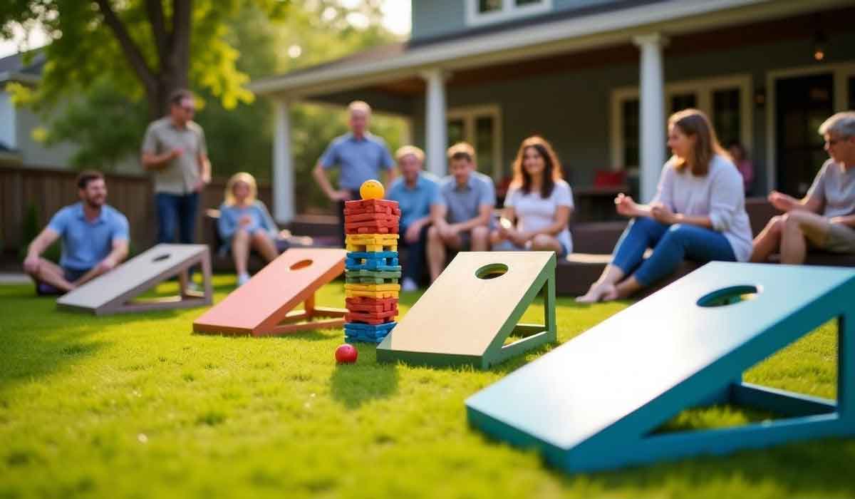 A group of people sit in a backyard near cornhole boards and a stacking block game, with a house and porch in the background.