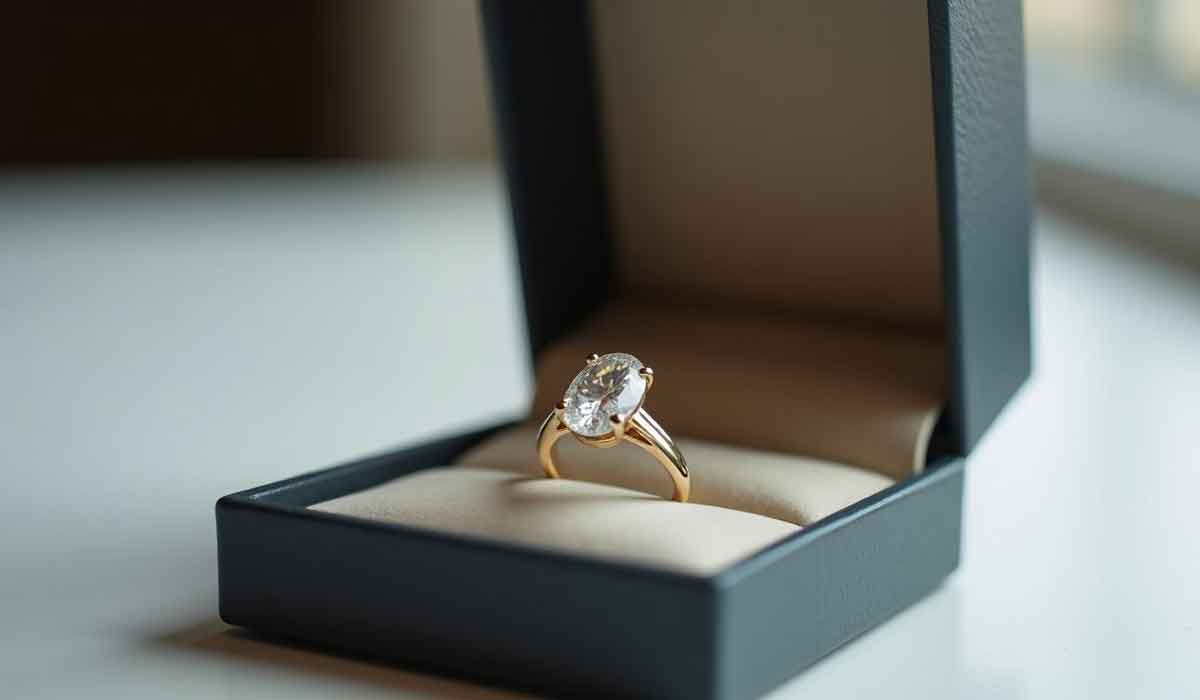 A gold ring with a large oval diamond is displayed in an open black ring box on a white surface.
