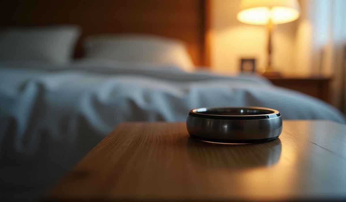A metal ashtray sits on a wooden bedside table in front of a neatly made bed with white bedding and a lit lamp in the background.