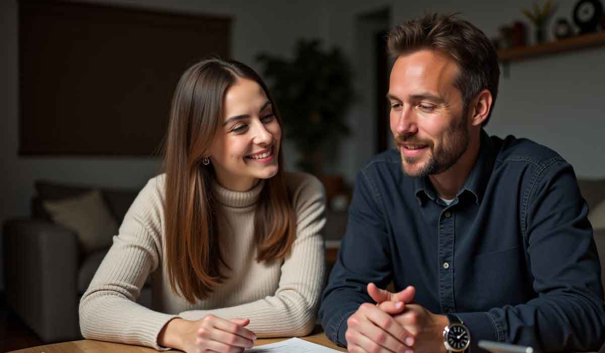 A woman and a man sit at a table indoors, looking at papers and smiling, with a blurred living room in the background.