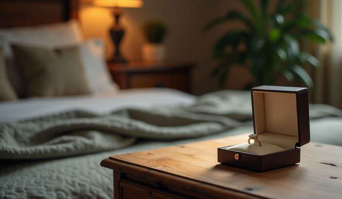 An engagement ring in an open box sits on a wooden table in a softly lit bedroom with a made bed and a lamp in the background.