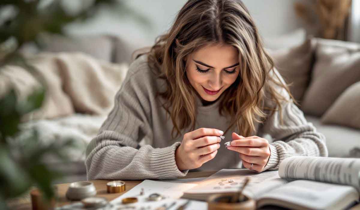 Woman sitting at a table, assembling jewelry with tools and small parts, while reading instructions from an open book.