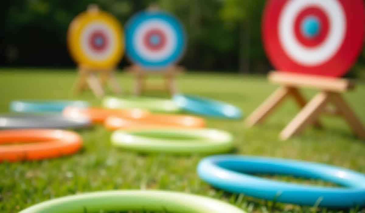 Colorful rings lie on grass with three circular targets on stands in the background, set outdoors. The focus is on the rings, while the targets appear blurred and distant.