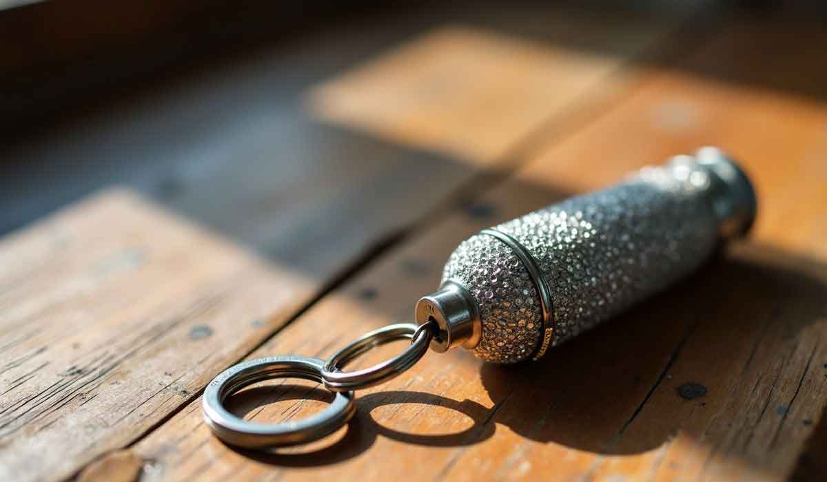 A glittery cylindrical keychain with a silver ring lies on a wooden surface in sunlight.