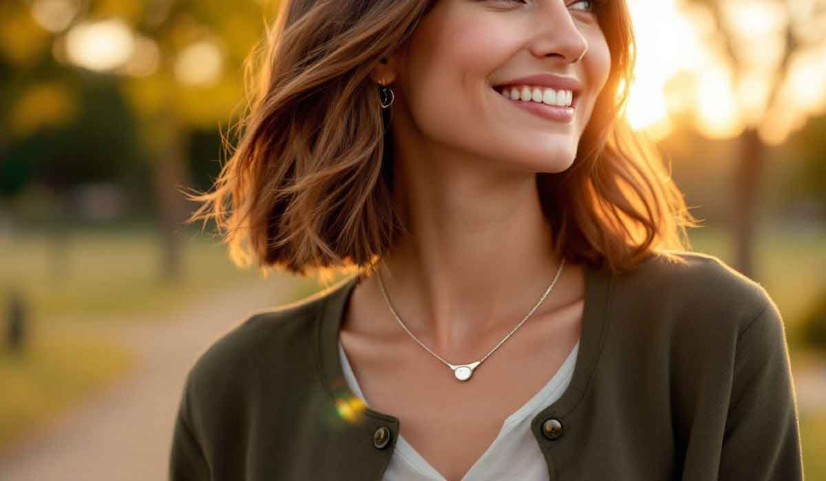 Woman with shoulder-length brown hair smiles outdoors in sunlight, wearing a green cardigan, white blouse, and silver necklace, with blurred trees in the background.