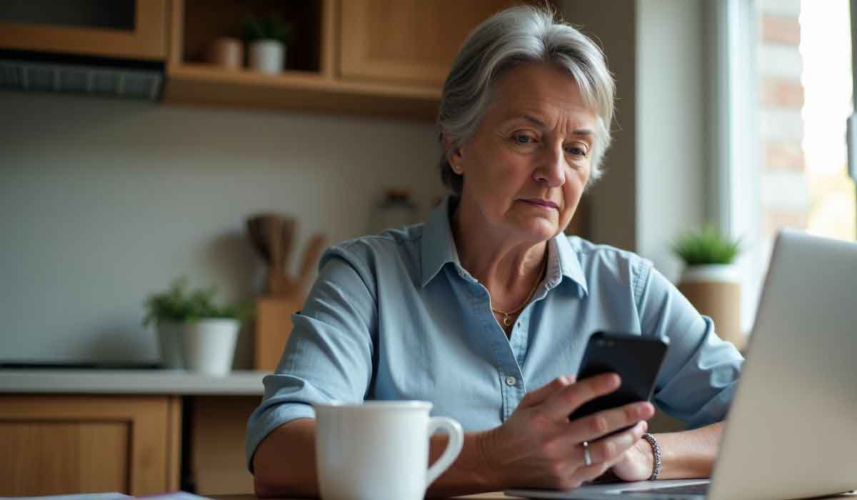 Older woman sitting at a kitchen table looking at her smartphone and laptop, with a coffee mug in front of her.