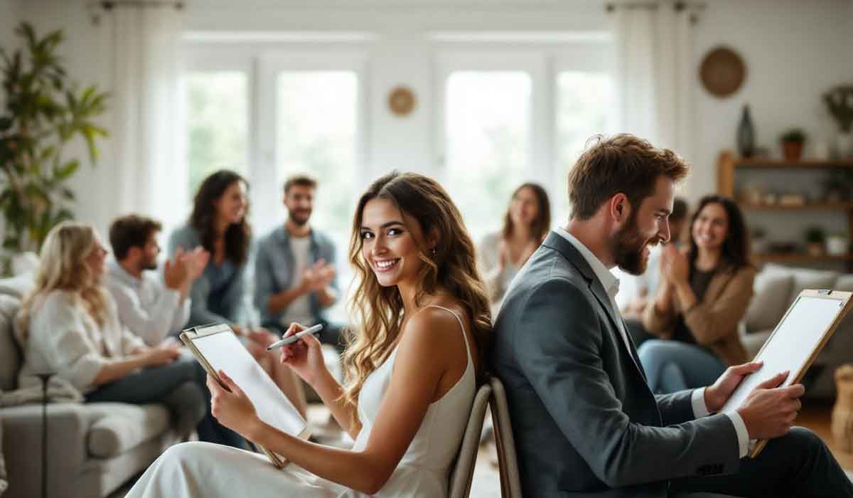 Two people sit back-to-back with clipboards, smiling at the camera, while a group of others sits in the background, engaged in conversation in a bright living room.