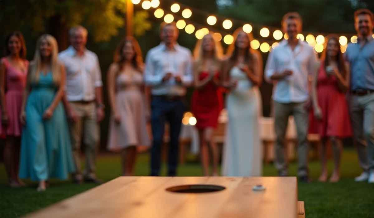 A group of people stand outdoors near string lights, watching a wooden cornhole board in the foreground, with trees in the background.