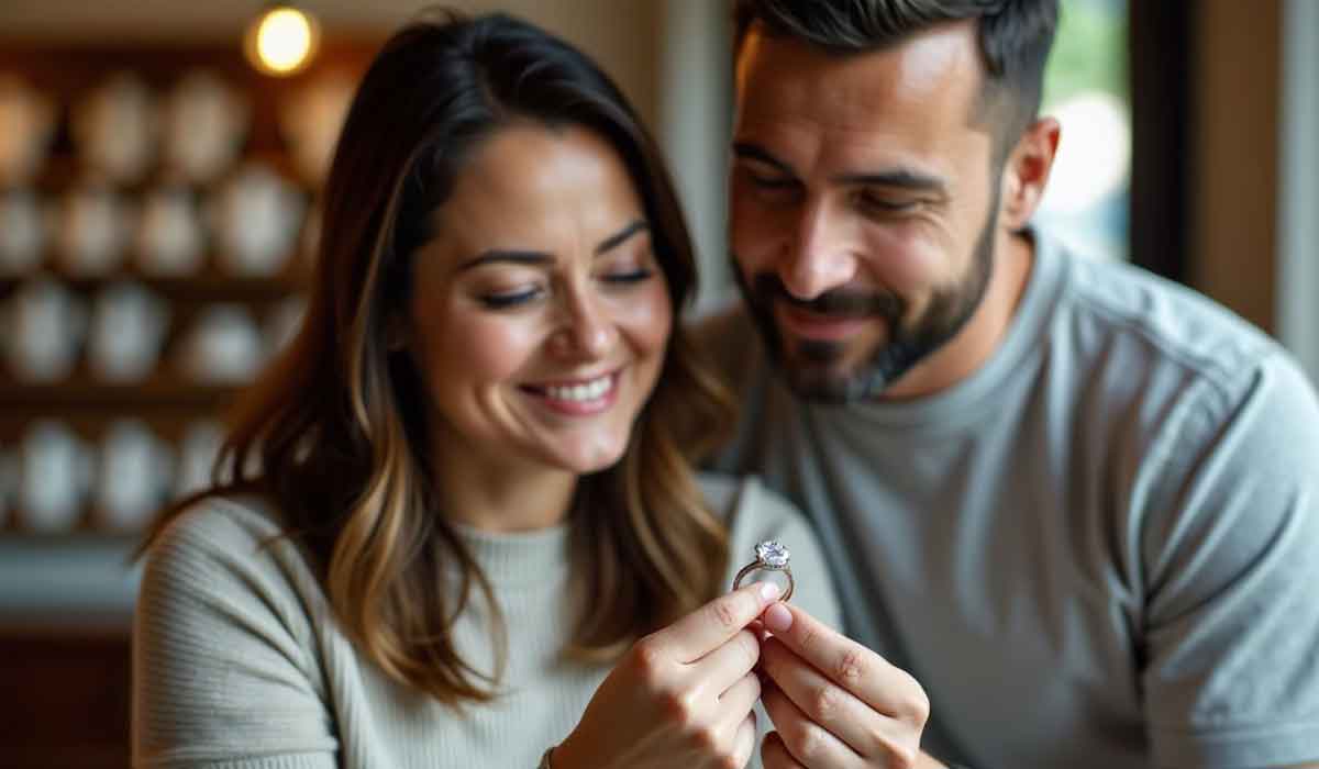 A woman and a man smile while holding and looking at an engagement ring together in a warmly lit indoor setting.