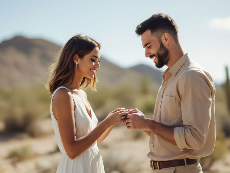 A woman and a man stand outdoors in a desert landscape, smiling and holding hands, with mountains in the background.