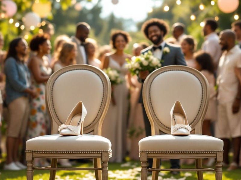 Two elegant chairs with bridal shoes on top are set outdoors, with a wedding party and guests blurred in the background under string lights.