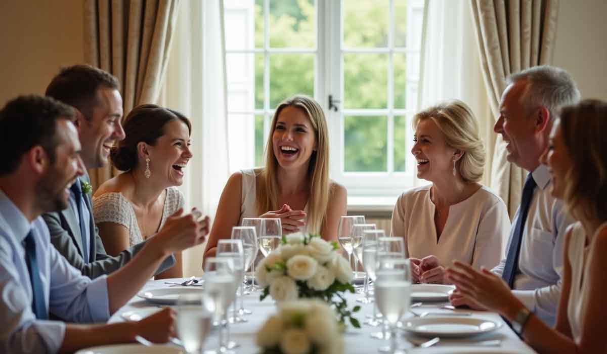 Six people sit around a table set for a meal, smiling and laughing together in a brightly lit room with large windows and a floral centerpiece.