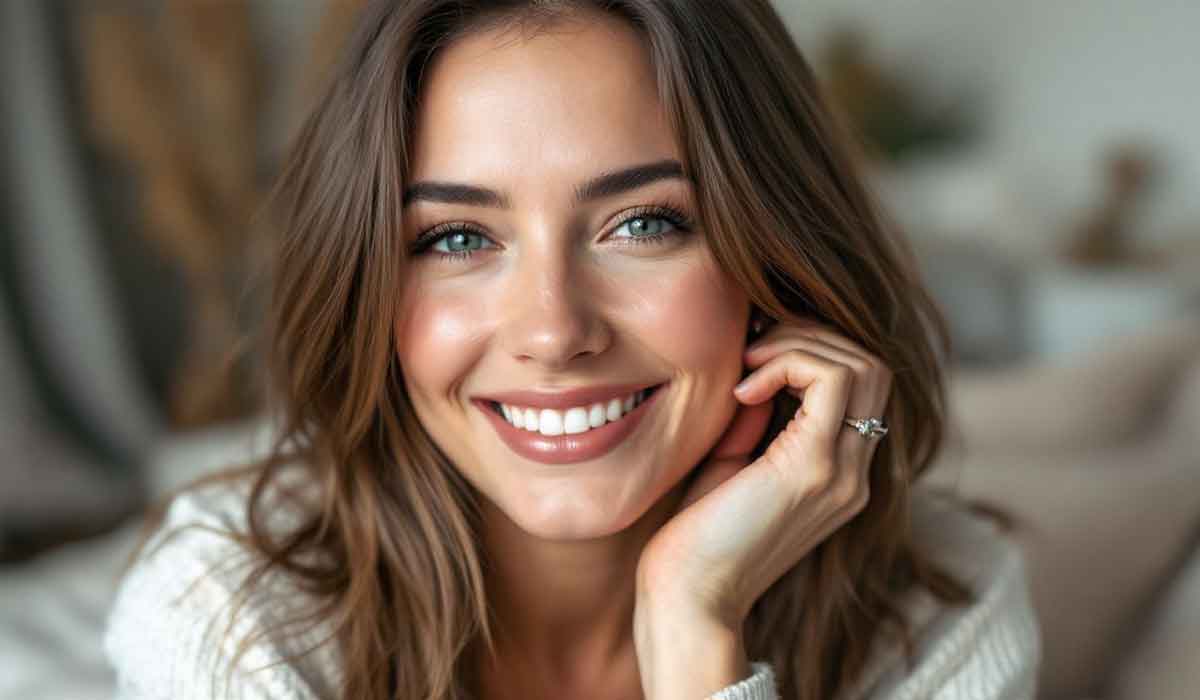Woman with long brown hair and blue eyes smiles at the camera, resting her chin on her hand indoors, wearing a light-colored sweater and a ring.
