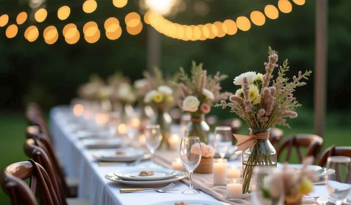 A long outdoor dining table with white tablecloth, floral centerpieces, candles, plates, and glassware, set under string lights in a garden setting.