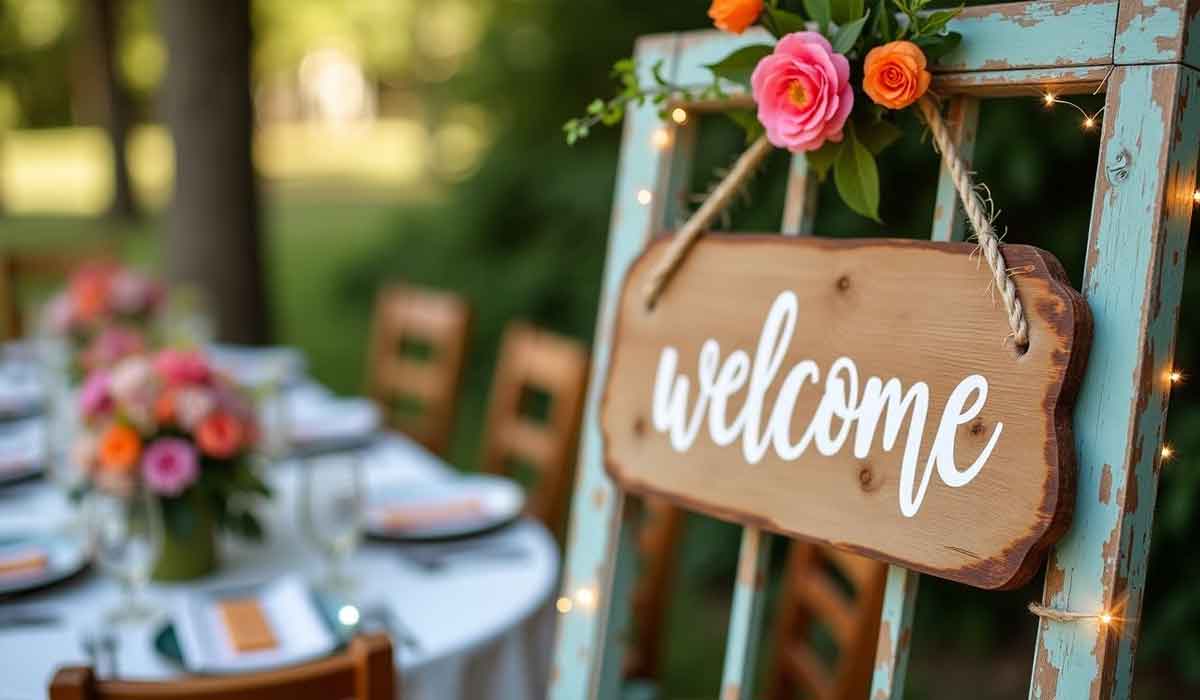 A wooden welcome sign with flowers and string lights hangs on a rustic frame near an outdoor table set for a meal.