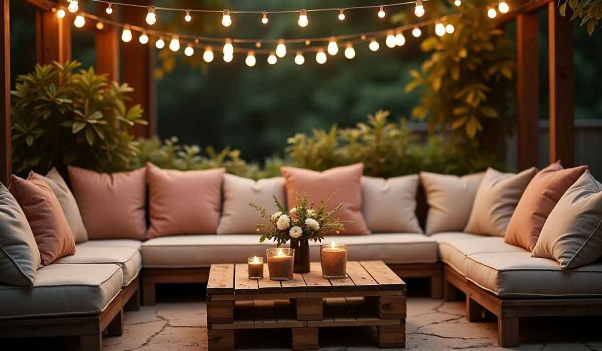 Outdoor patio with cushioned seating, a wooden pallet coffee table, lit candles, and string lights overhead, surrounded by greenery at dusk.
