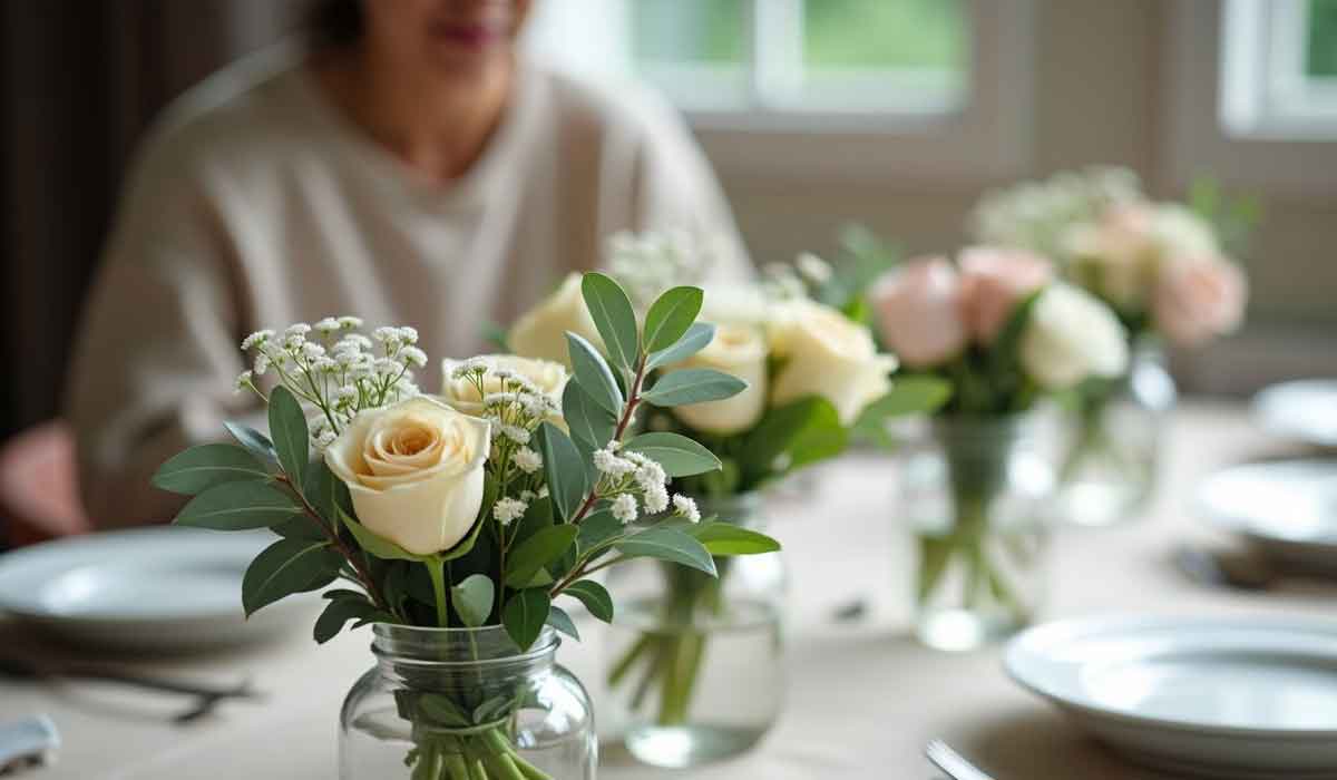 A table set with white plates and glass jars holding white and pale yellow flowers; a person sits in the background out of focus.