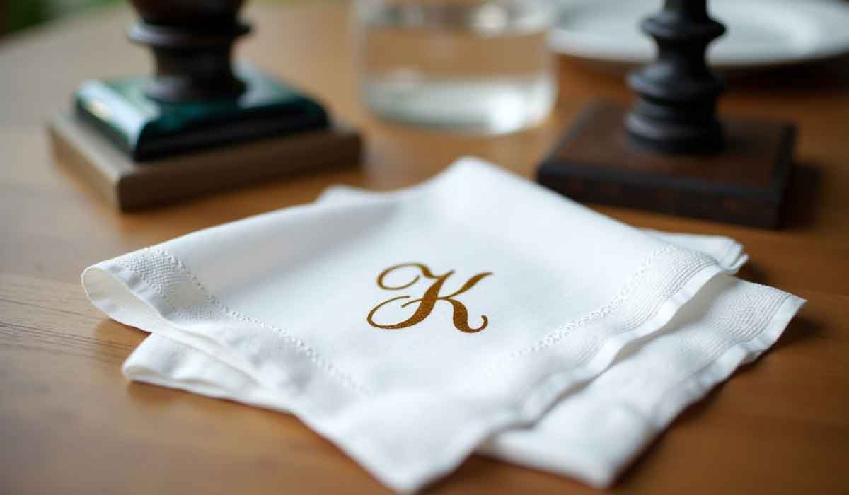 A white napkin with a gold letter “K” embroidered on it rests on a wooden table near two candlesticks and a glass of water.