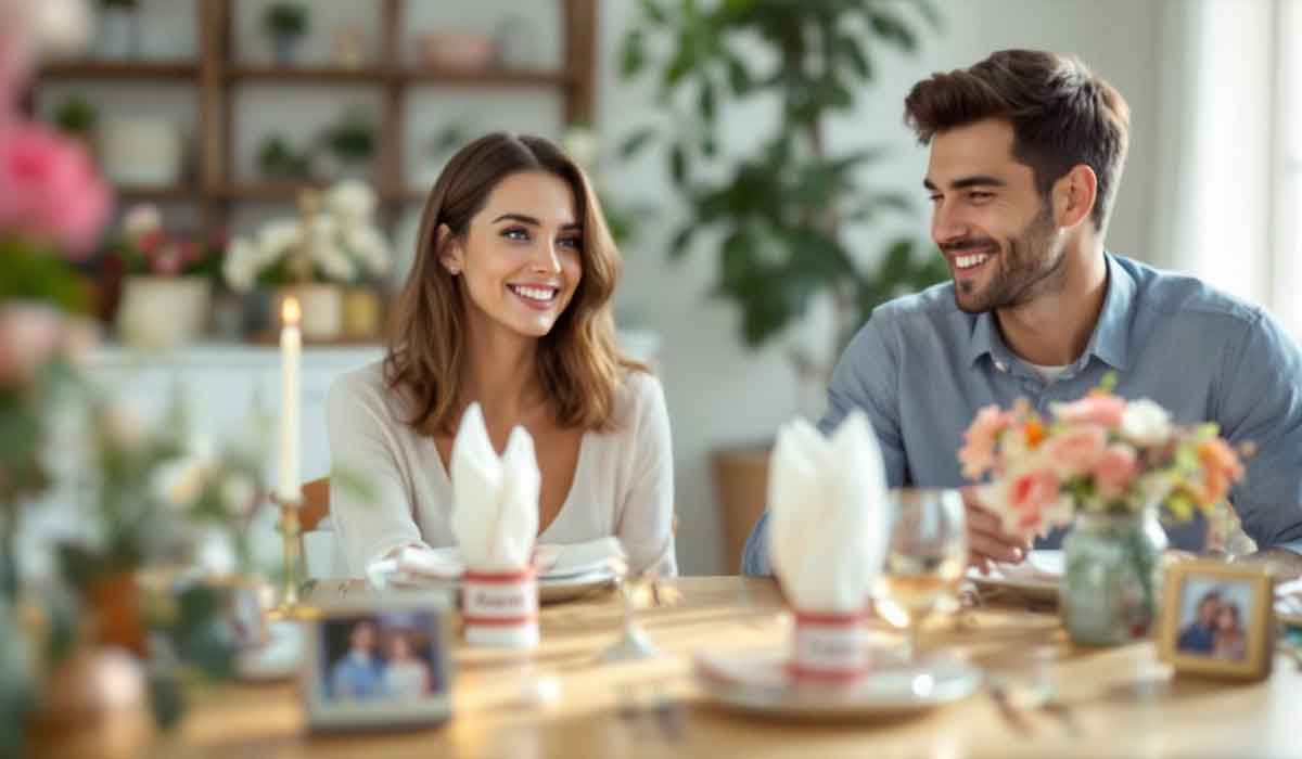 A woman and a man sit at a decorated dining table, smiling at each other. The table has flowers, candles, and framed photos. The room is bright with plants and shelves in the background.