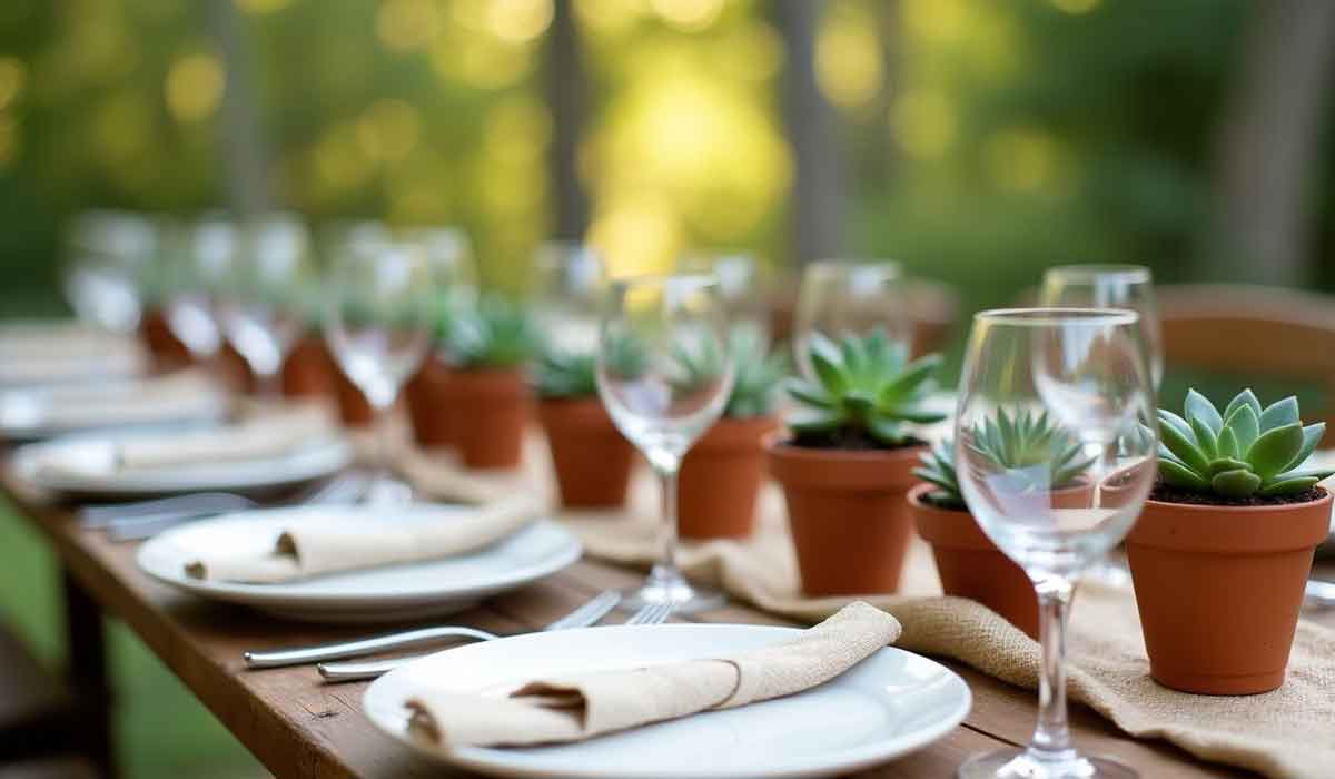 A wooden outdoor table is set with white plates, napkins, wine glasses, and small potted succulents as centerpieces, with greenery visible in the blurred background.