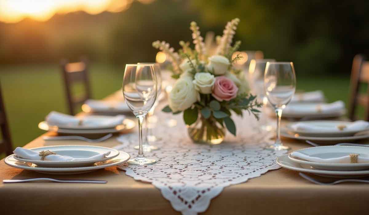 Elegant outdoor table set for dinner with white plates, wine glasses, silverware, and a floral centerpiece featuring white and pink roses on a lace table runner at sunset.