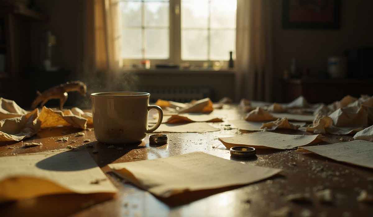 A white coffee mug sits on a cluttered table with scattered papers and crumpled notes in a sunlit room.