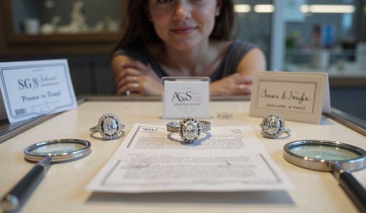 A woman looks at three diamond rings displayed on a jewelry store counter, alongside informational cards, a document, and two magnifying glasses.