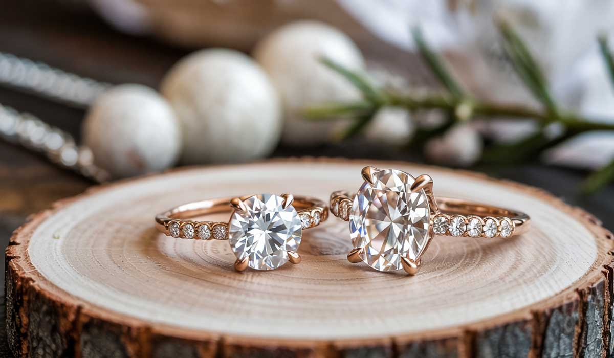 Two gold diamond rings, one with a large center stone and side stones, the other with a single round stone and smaller side stones, displayed on a wooden slice.
