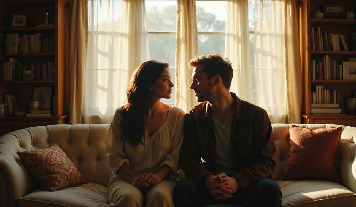 A man and woman sit closely on a sofa in a sunlit living room, facing each other with serious expressions. Shelves with books and a window with curtains are in the background.