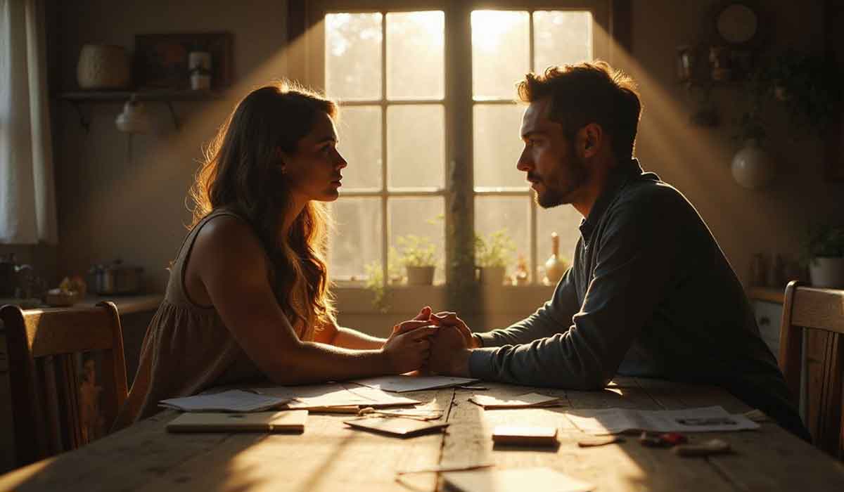 A man and woman sit across from each other at a wooden table, holding hands and talking in a sunlit room with papers scattered on the table.