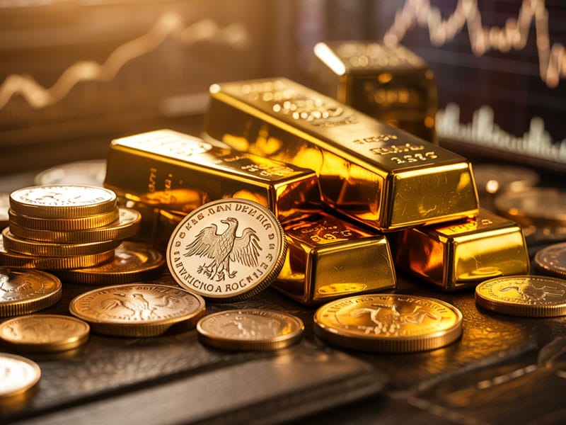 Stacks of gold coins and gold bars sit on a table with financial charts in the background, reflecting a theme of wealth and investment.