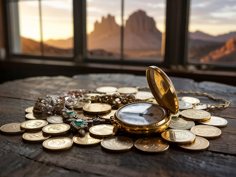 An open pocket watch, coins, and jewelry rest on a wooden table by a window with a mountain landscape visible at sunset.