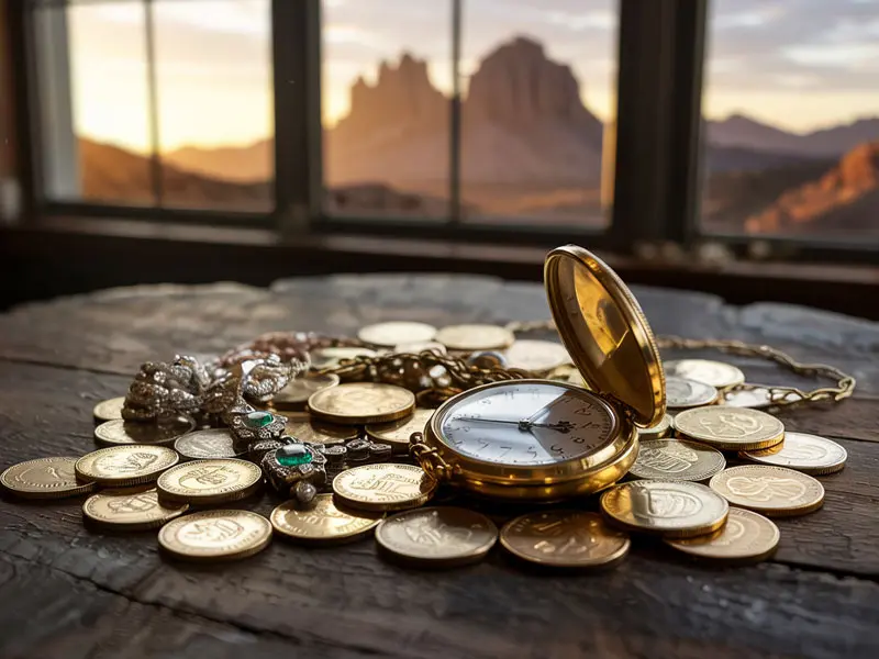 A gold pocket watch, coins, and jewelry rest on a wooden table with mountains and a sunset visible through the window in the background.