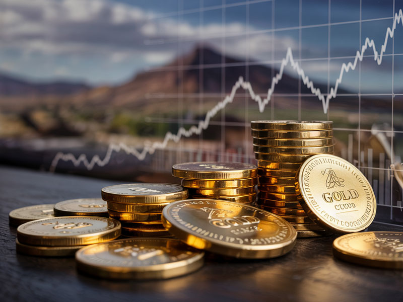 Stacks of gold coins labeled “GOLD” on a table, with a financial chart and a blurred mountainous landscape in the background.