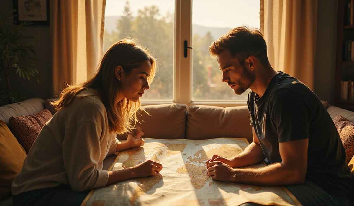 A woman and a man sit across from each other at a table, studying a world map in a sunlit room with a window in the background.