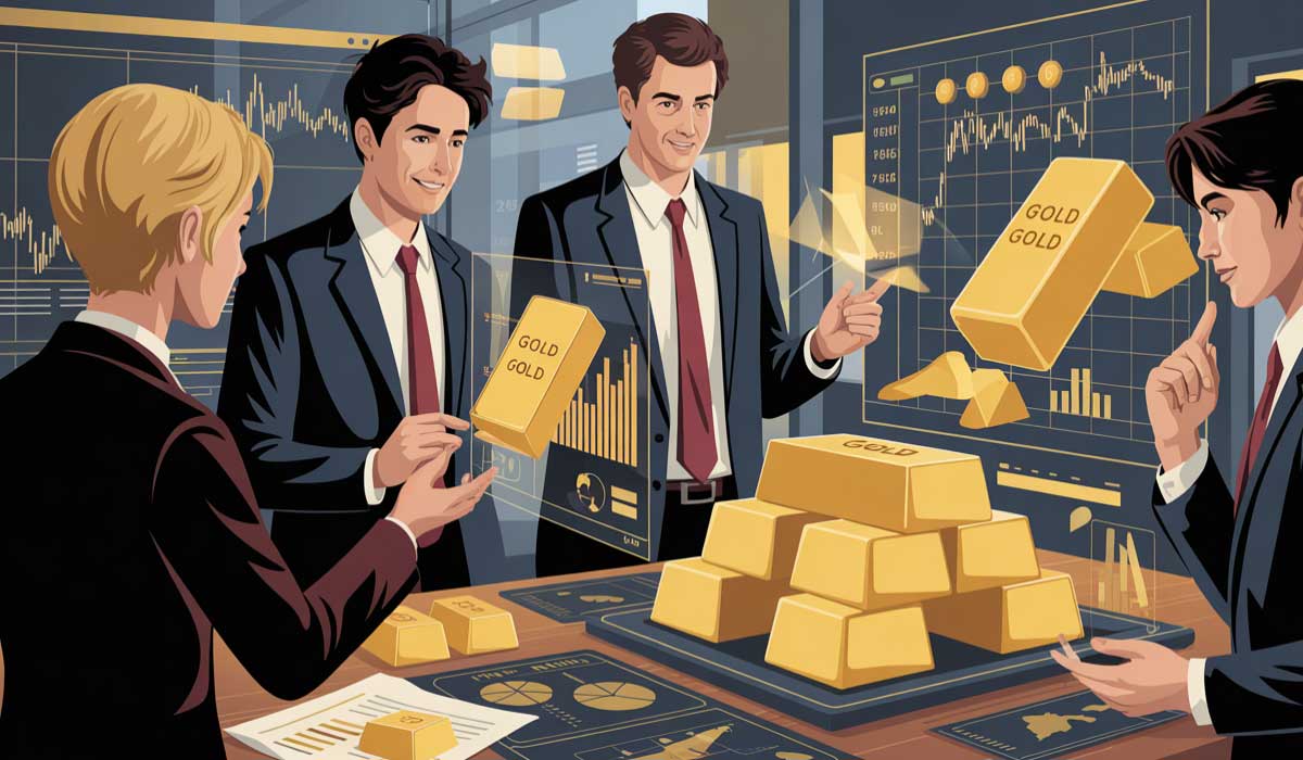Four businessmen in suits discuss and examine gold bars in a modern office, surrounded by digital financial charts and graphs.