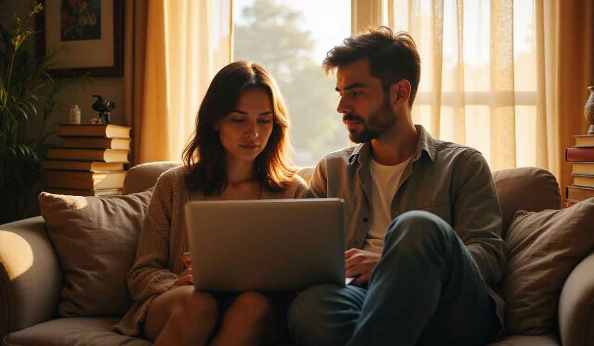 A man and woman sit together on a couch, looking at a laptop. Sunlight filters through a window behind them. Stacks of books are on either side.