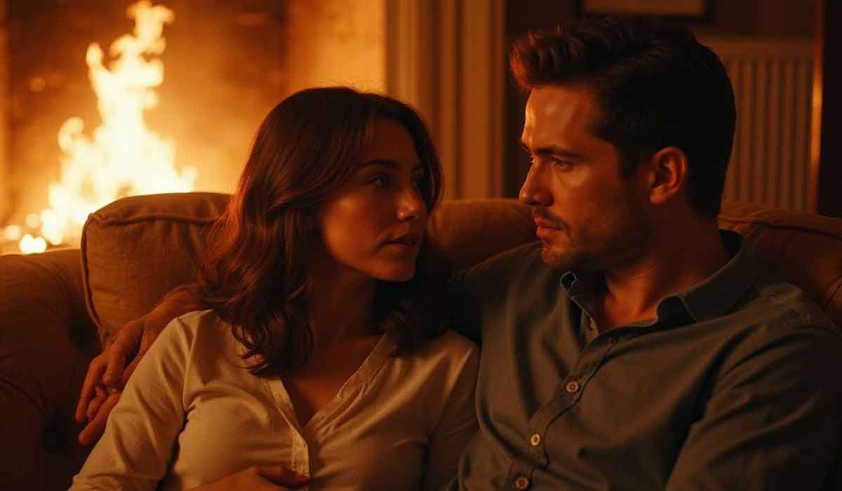 A man and woman sit close together on a couch, gazing at each other, with a lit fireplace in the background.