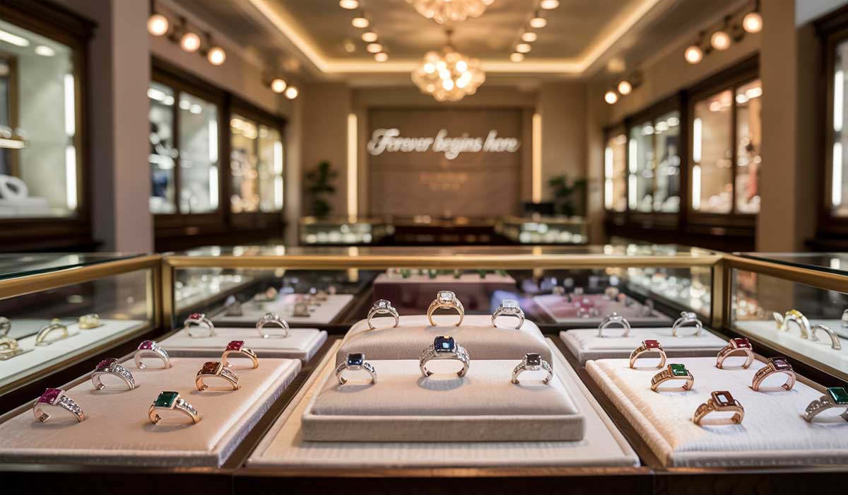 Display case with various gemstone rings in a well-lit jewelry store; a sign in the background reads “Forever begins here.”.