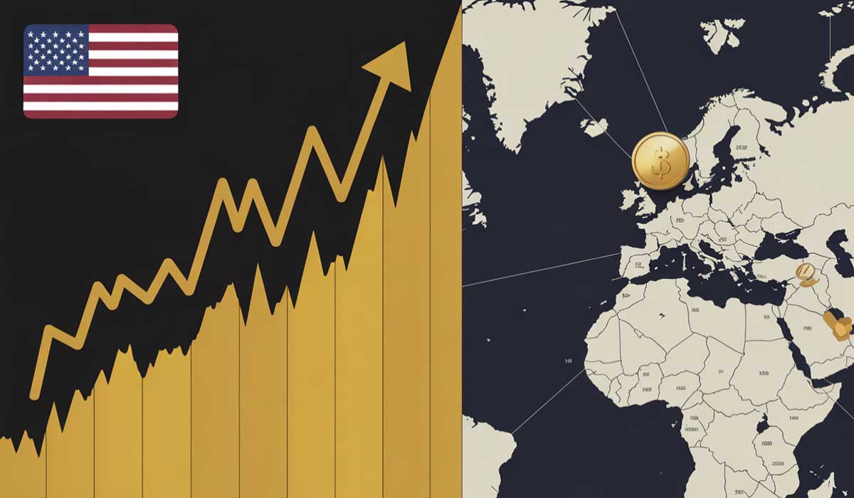 A rising gold bar chart with an upward arrow beside a U.S. flag, next to a world map marked with currency locations in Europe and Africa.