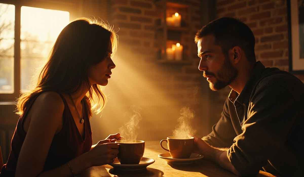 Two people sit across from each other at a table in a dimly lit café, drinking coffee, with sunlight streaming through a window and candles in the background.