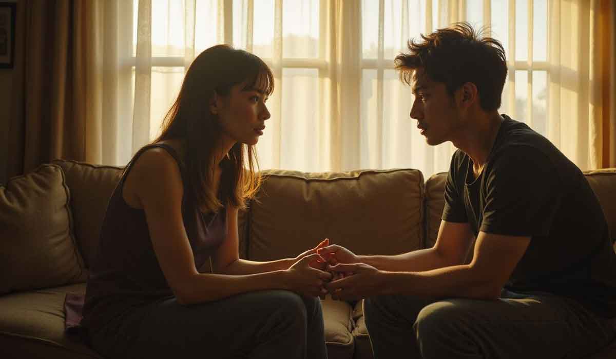 Two people sit on a couch facing each other, holding hands and having a serious conversation with soft sunlight coming through the window behind them.