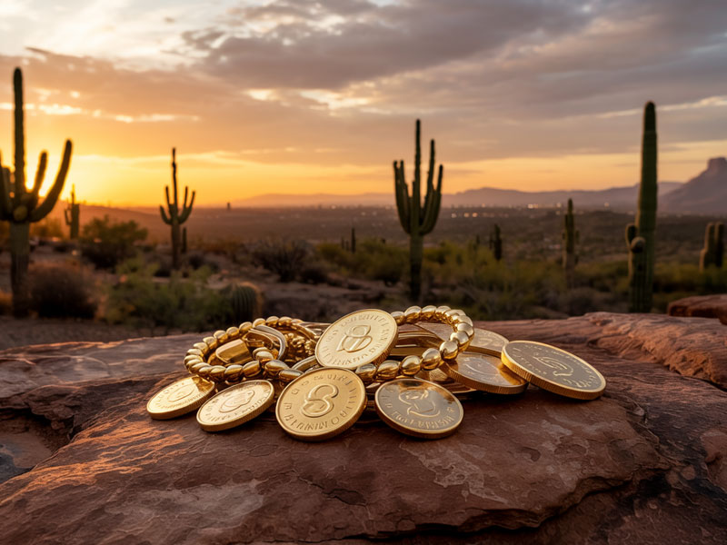 Gold coins and beads rest on a large rock in a desert landscape with cactus plants at sunset.