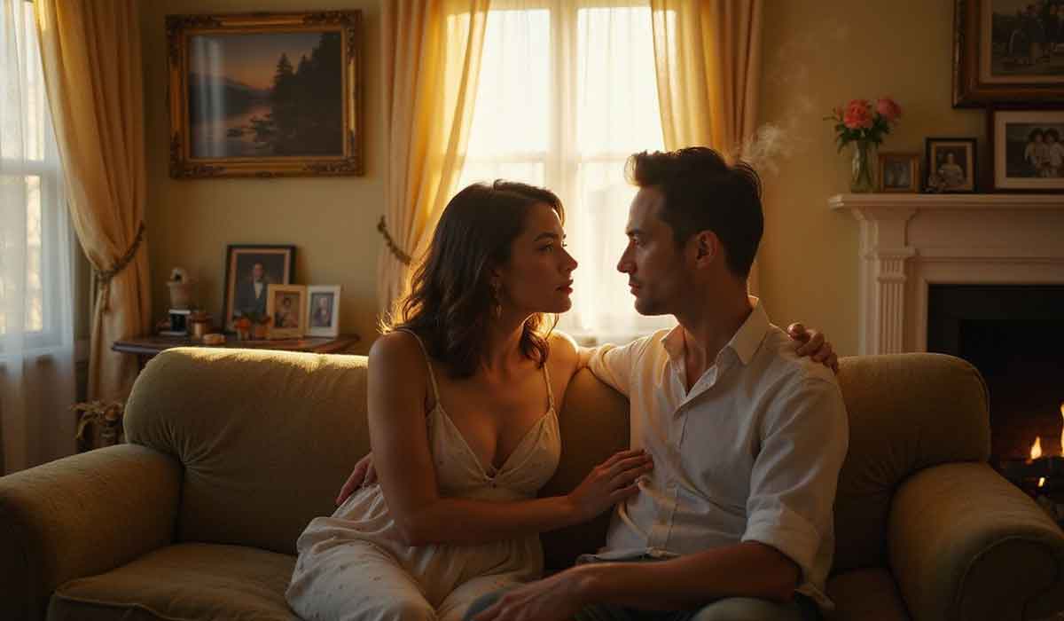 A woman and a man sit closely on a beige couch in a warmly lit living room, looking into each other’s eyes near a fireplace.