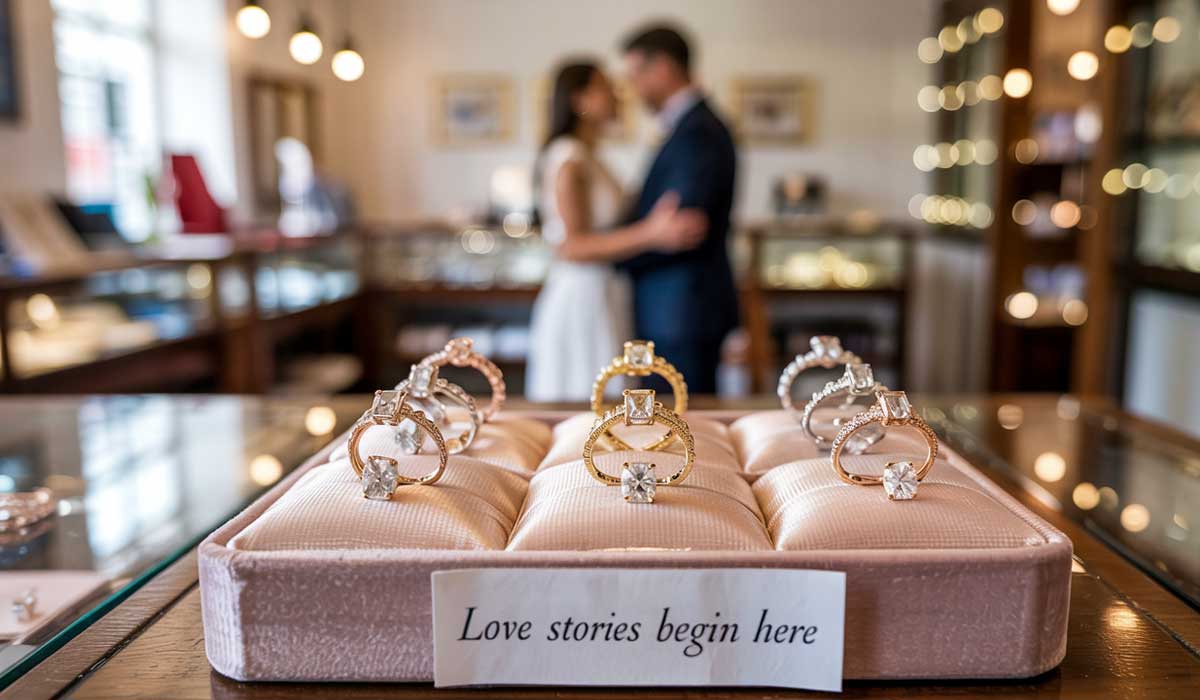 Close-up of diamond rings on display in a jewelry store, with a couple standing together in the blurred background. A sign reads, “Love stories begin here.”.