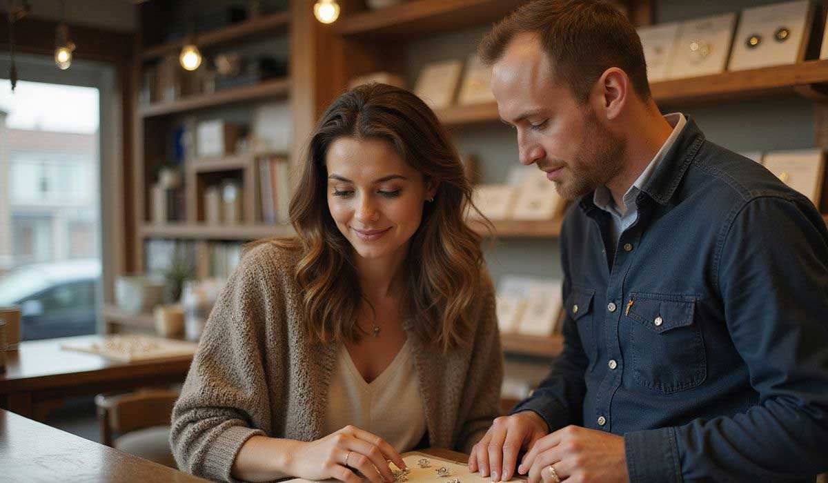 A man and woman sit together at a wooden table in a shop, looking at a display of jewelry or accessories in a bright, cozy setting.